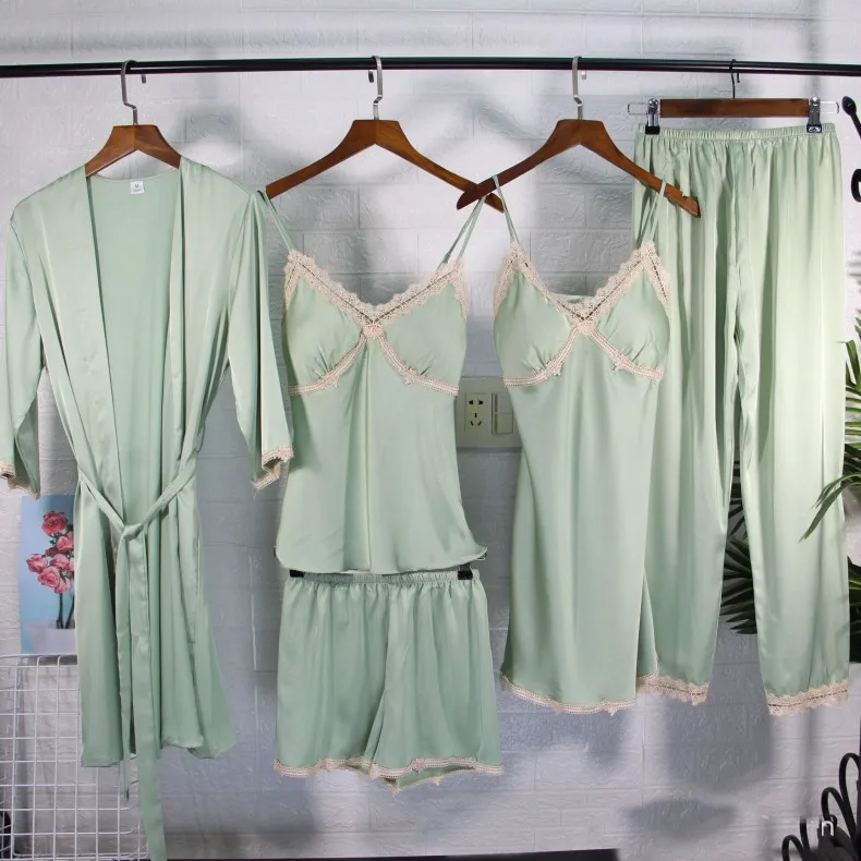 

5PCS Satin Kimono Robe Gown Loose Women Sexy Wedding Bathrobe Suit V-Neck 2021 Spring New Intimate Lingerie Casual Sleepwear