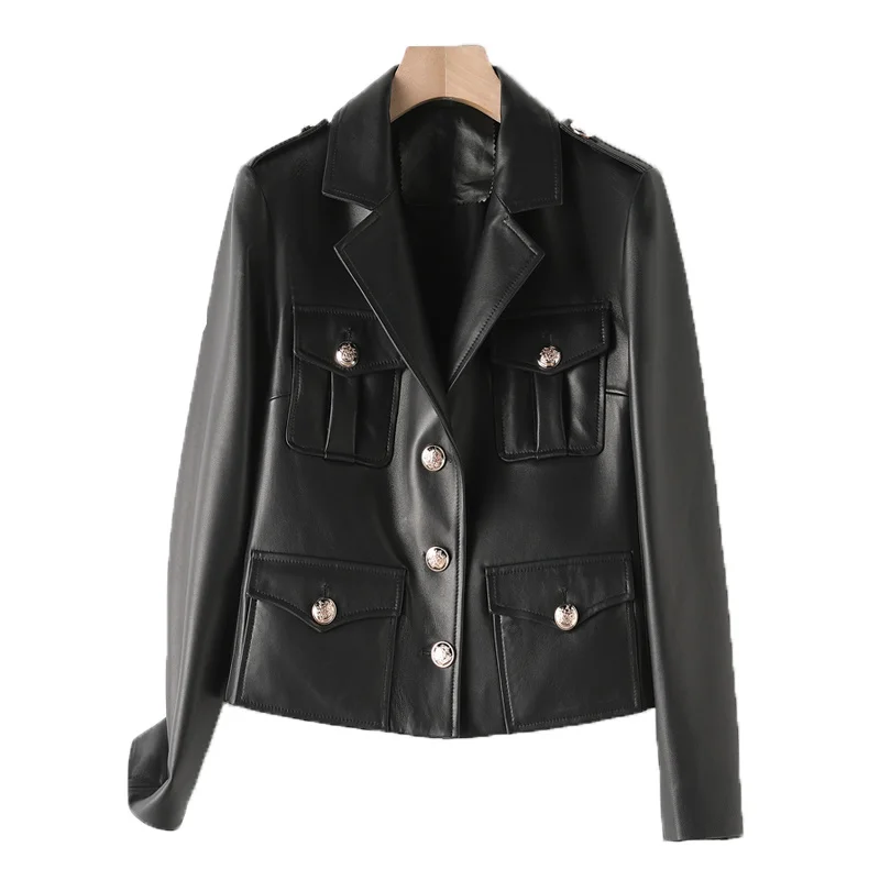 

New Arrival 2022 Women Coat Spring And Autumn Short Clothes Safari Style Imports Sheepskin Jacket Multiple Pockets