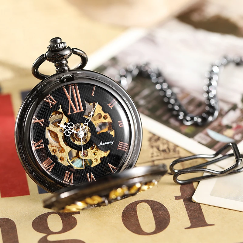 Luxury Mechanical Pocket Watch Skeleton Vintage Antique Black Case Big Gold Numerals Male Fob Chain Clock for Men Women Gifts