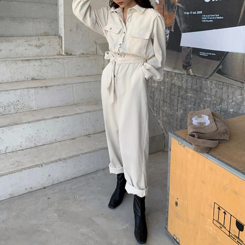 Spring 2021 Corduroy Jumpsuits Romper Women High Fashion Button Female Casual Overalls