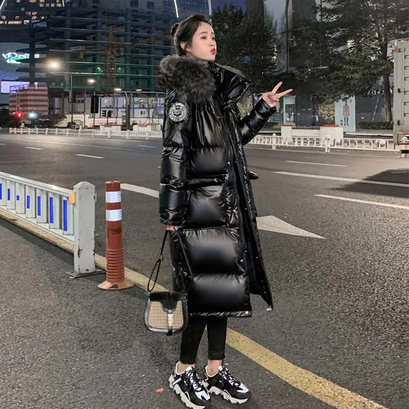 

Блестящий пуховик с подкладкой для женщин, новинка зимы 2021, пальто выше колена в Корейском стиле средней длины с очень большим меховым ворот...