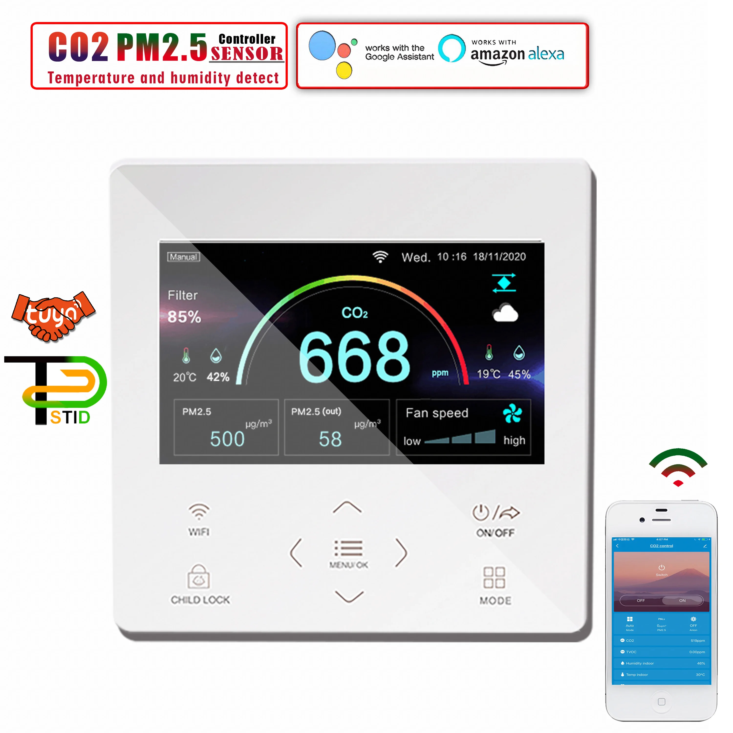 ЕС Wi-Fi контроль качества воздуха CO2 PM2.5 модуль для очистки грязного в помещении с