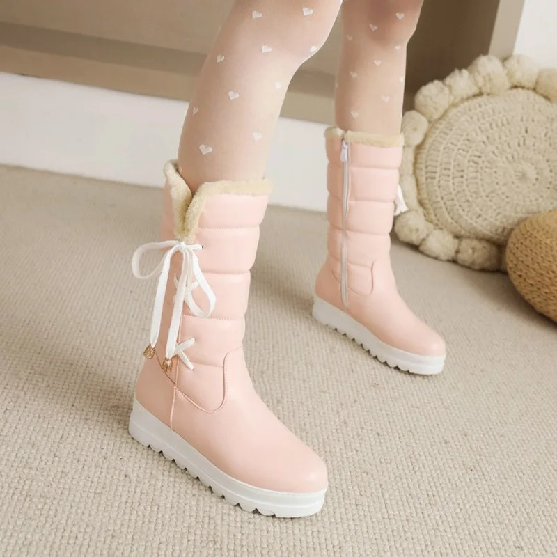 FXYCMMCQ Winter New Round Head High Boots Flat Heel Warm Round Head Side Zipper Snow Boots T7