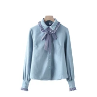 spring autumn women solid shirts female lady office work bow collar corduroy slim blouse outwear tops