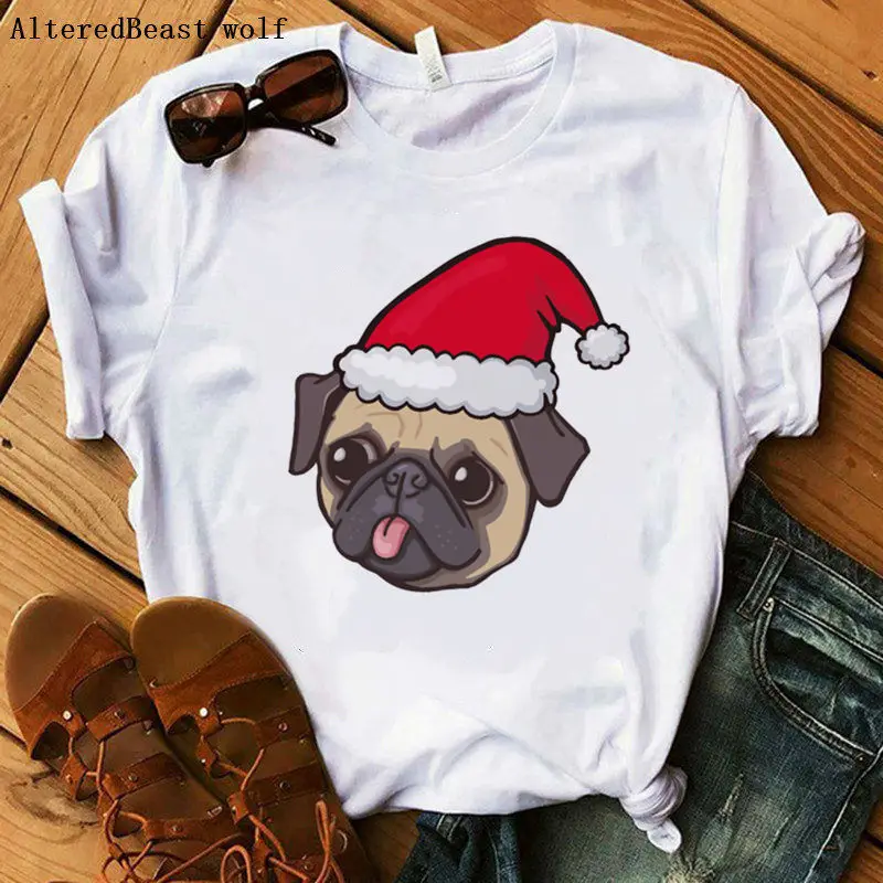 

Merry Pugmas printed Christmas T-Shirt Women t-shirt Warm Wishes Christmas tshirt Graphic t shirt female white clothes tops