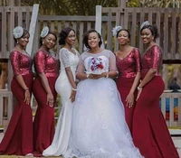 2020 plus size burgundy mermaid bridesmaid dresses african weddings v neck half sleeve sequins maid of honor wedding gust gowns