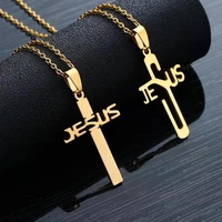 letter jesus hollow cross stainless steel pendant necklace for women unisex catholicism punk hiphop gold necklace new jewelry