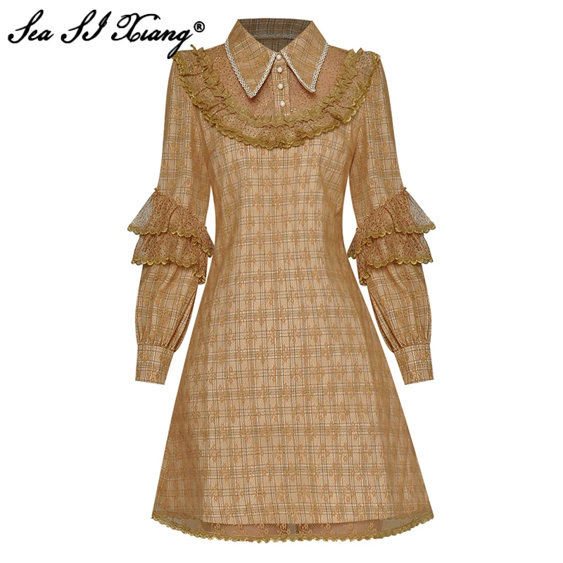 

Seasixiang Designer Autumn Dress Women Turn-down Collar Lantern Sleeve Lace Ruffles Mesh Patchwork Plaid Print Vintage Dresses