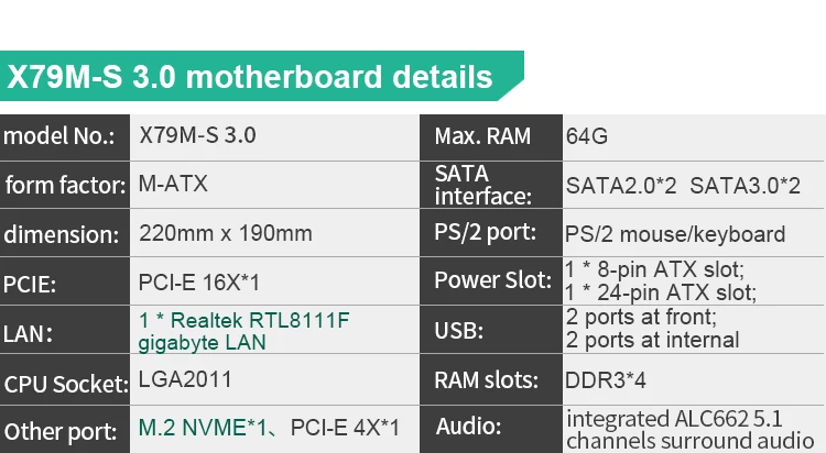 

X79 X79M-S motherboard LGA2011 MIN ATX USB3.0 SATA3.0 PCI-E NVME M.2 SSD support REG ECC memory and Xeon E5 processor