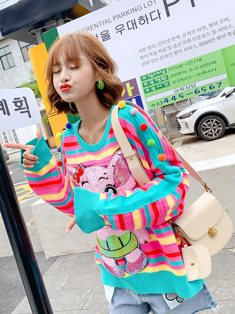 QING MO Радужный полосатый Женский пуловер свитер 2019 женский зимний с животными