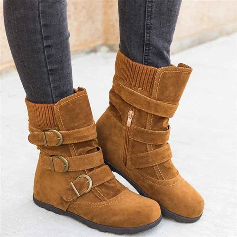 

winter boots women Suede Round Toe Zipper Flat Pure Color Buckle Strap Keep Warm Snow Boots high quality botas mujer