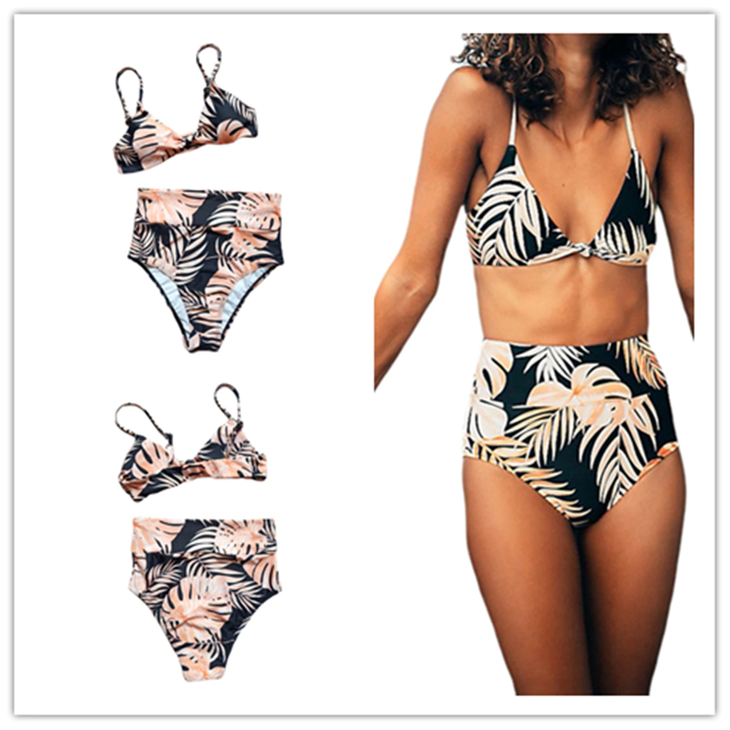 

Женские бикини из двух предметов, цветочный бандажный топ с лямкой на шее, низ с высокой талией, купальник из двух предметов, женский купальн...