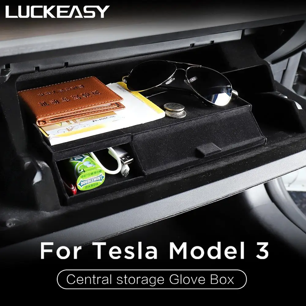 

LUCKEASY model3 2021 Central armrest Box for Tesla Model 3 Model Y Car Double Storey Non-Slip Flocking Storage Glove Box