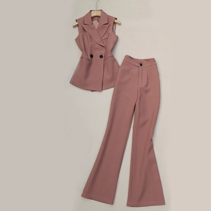 

Women Elegant Suit Vest Pants Set Fashion Office Lady Double Breasted Vest + Flare Trousers OL Set