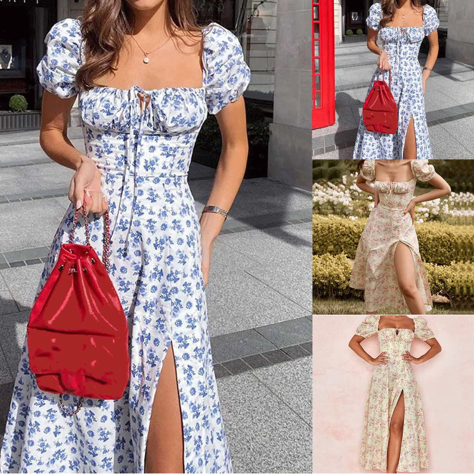 

Fashion Women Chiffon Casual Floral Printing Short Sleeve Split Long Dress