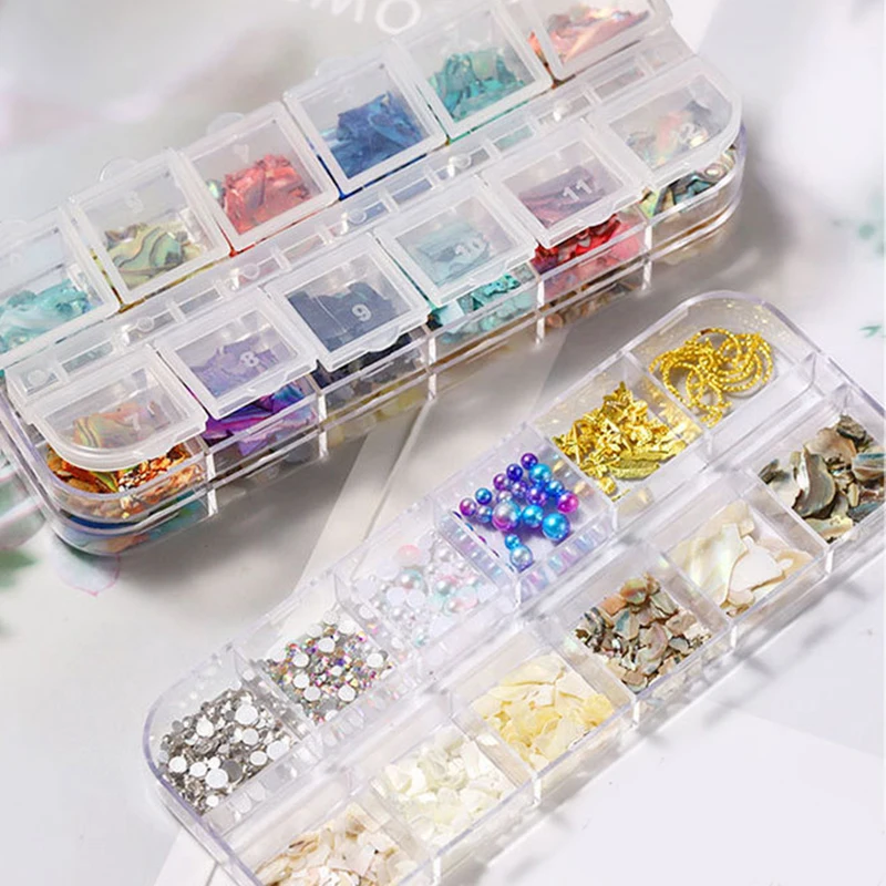 

Multi-style 12Grids Mixed Gems Slice 3D Nails Sticker Glitter Nail Decoration Mix Color Abalone Shell Fragments Beauty