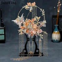 janevini luxury gold chinese hollow bridal bouquet fan artificial 3d butterfly flowers tassel metal wedding jewelry accessories