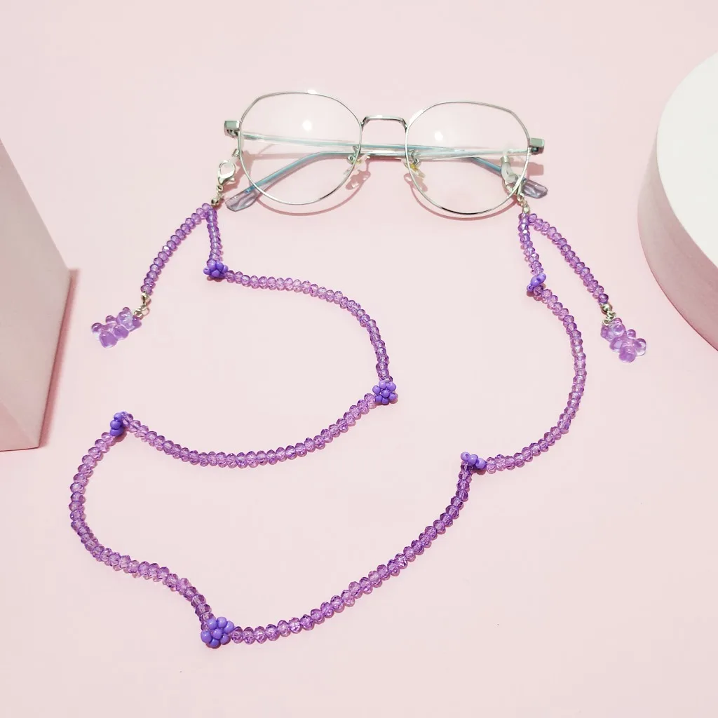 

Цепочка для очков Женская, прозрачная, фиолетовая, с подвеской в виде медведя
