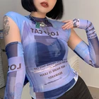 Женский сексуальный прозрачный сетчатый укороченный топ, необычная модная облегающая футболка с коротким рукавом, круглым вырезом и графическим принтом букв