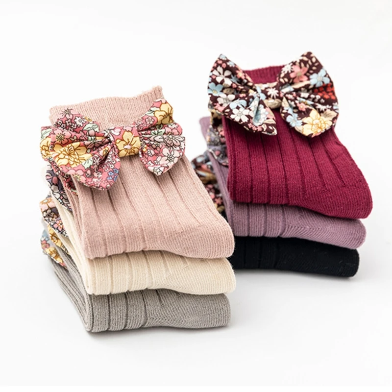 

Toddler Baby Girls Cotton Crew Socks Floral Print Bowknot Princess Stockings