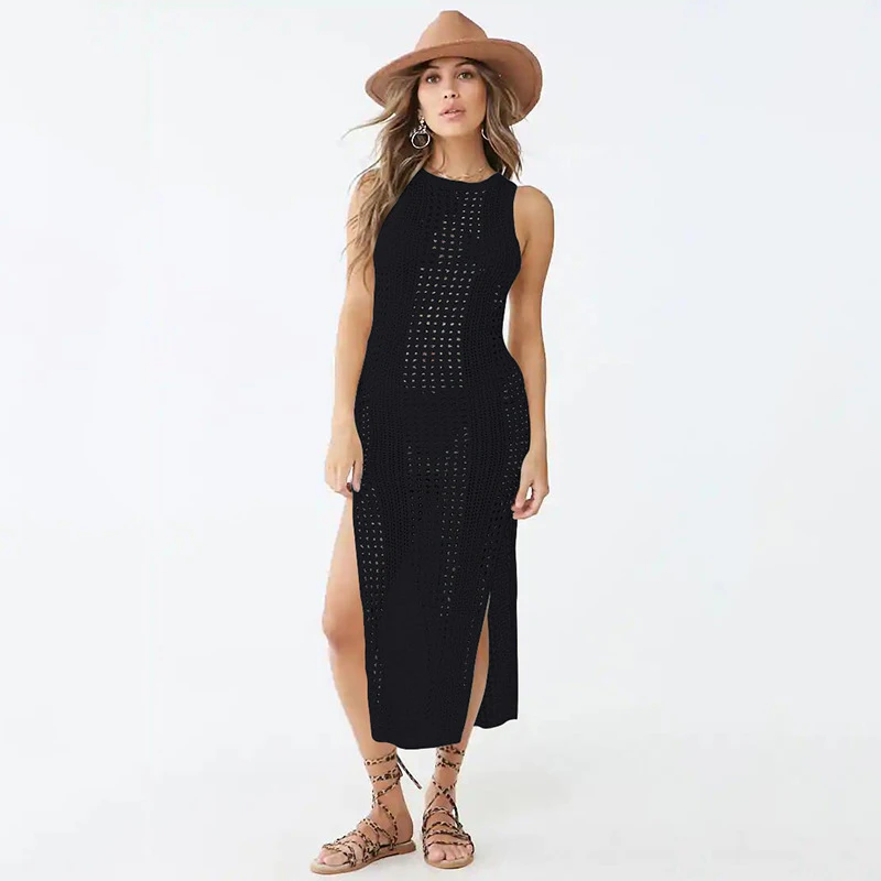 

Hotvestita 2021 Beach Maxi Dress Sexy Knitted Hollow Out Split Swim Wear Tunic Sleeveless Bikini Cover Up Women Sarong Beachwrap