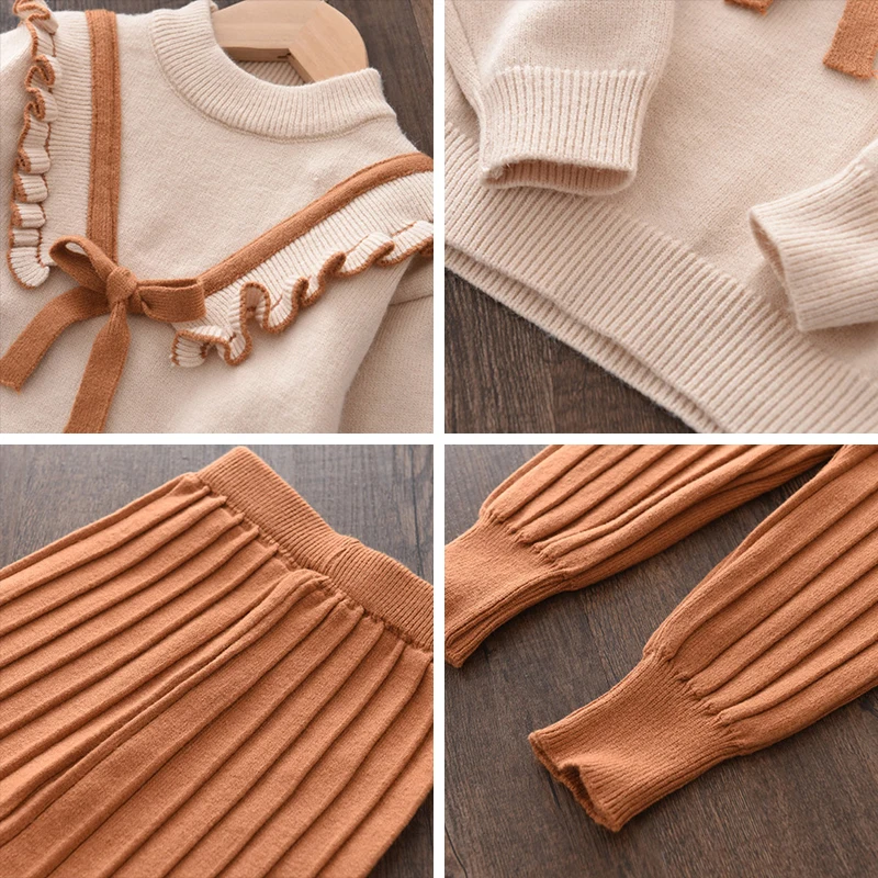 

Menoea Winter Girls Knitted Casual Thick Clothes Sets Kids Fall Warm Long Sleeve Bow Sweater Pants 2pcs Set Children Outfits