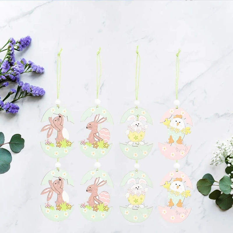 

8Pcs Happy Easter Decoration Wooden Easter Bunny Egg Rabbit Pendant Craft DIY Hanging Ornament Mini Easter Wooden Clips