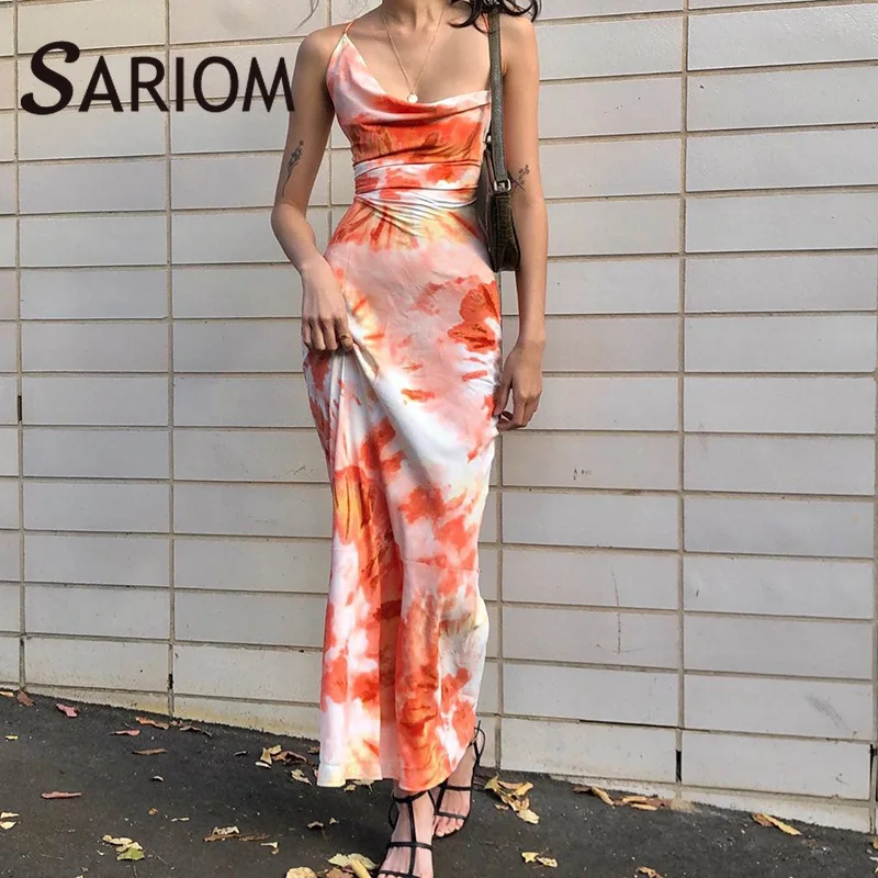 Женское длинное платье с лямкой на шее элегантное оранжевое Привлекательное