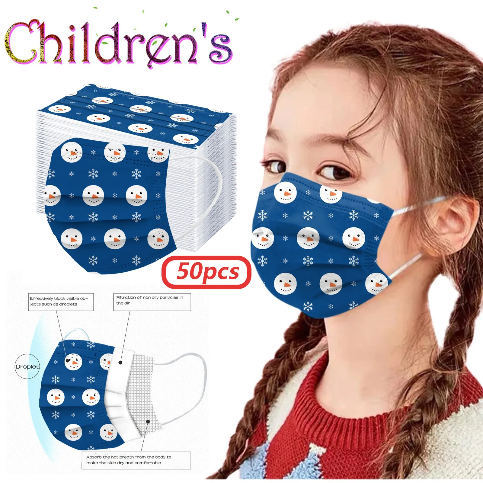 

50pcs Christmas Anonymous Mask For Children 3-ply Protective Kids Disposable Masks Halloween Cosplay Noel Masque Enfant Mascara