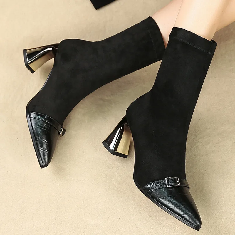 Buonoscarpe Pointed Casual Boots Elastic High-heeled Trend Black Women's Shoes 2019 Autumn And Winter Bare Ladies | Обувь