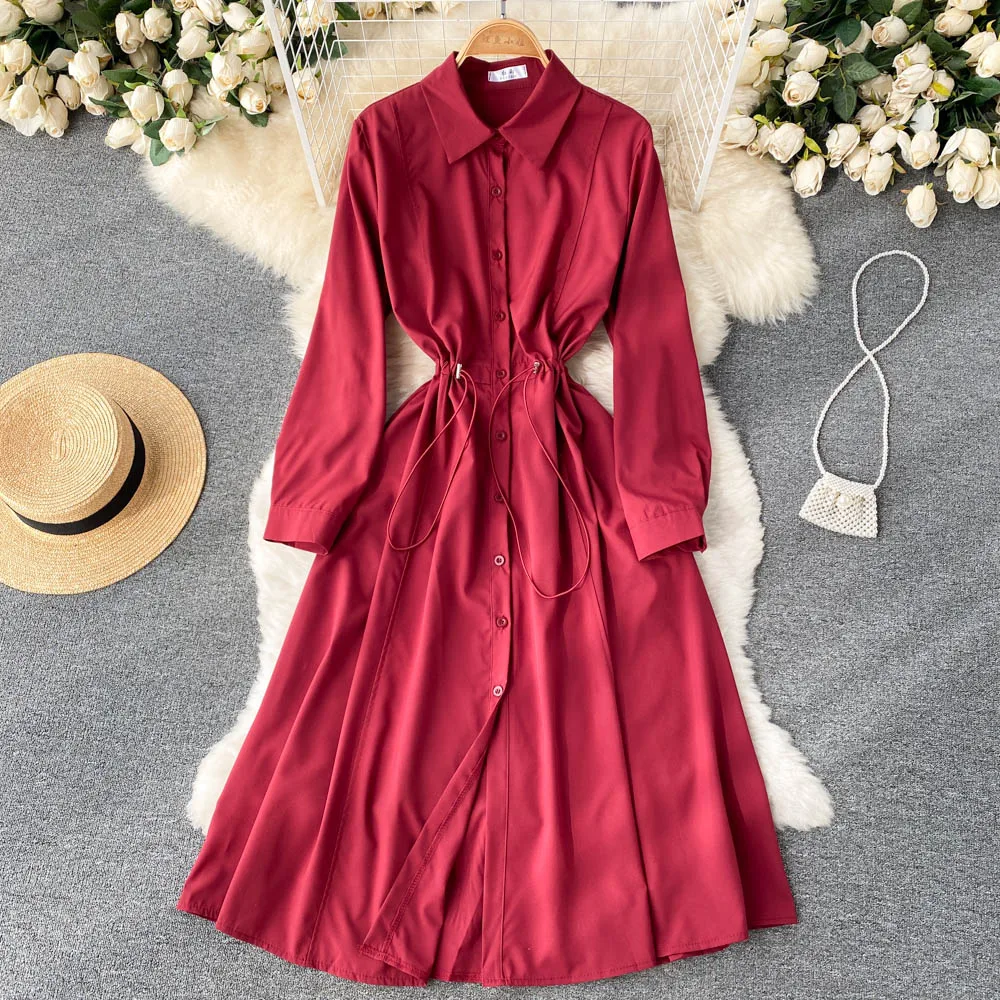 

FMFSSOM 2022 Spring Women Notched Collar Long Sleeve Knee Length Dress Red Preppy Style Elegant Waist Retraction Lady Dress