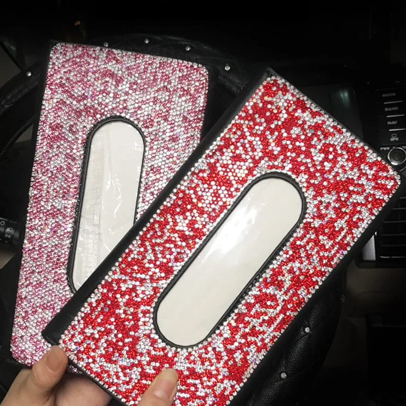 

Bling Crystal PU Leather Car Tissue Box Auto Sun Visor Tissue Holder Case Rhinestone Car Interior Accessories for Girls Gift