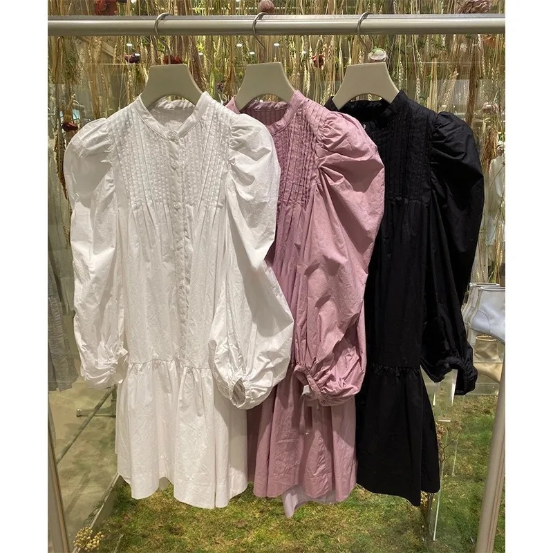 

Japanese Sweet Long Puff Sleeve Women Vestidos Solid O-neck Casual Femme Robe Loose Fashion Patchwork Dresses 2021 Spring