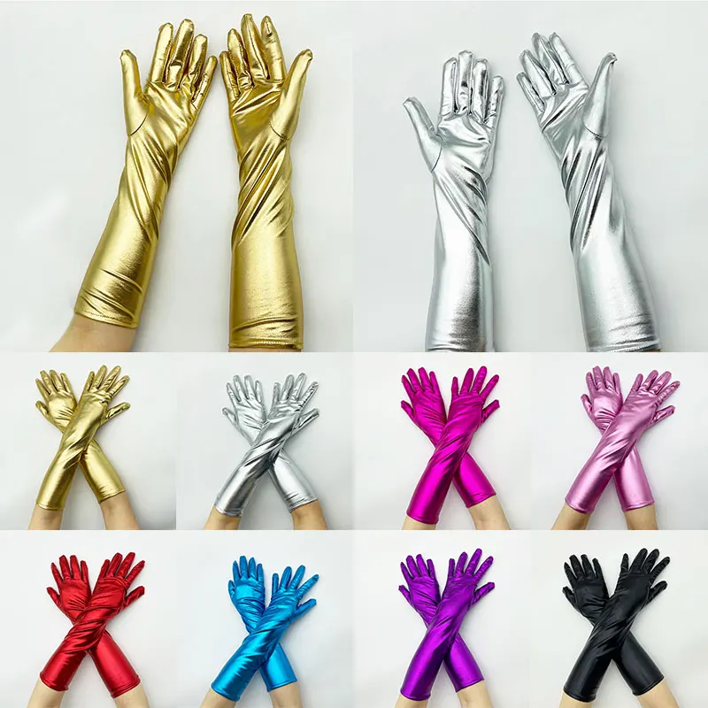 

Fake Leather Performance GlovesGold Silver Tight Arm Covers Elastic Smooth Multi-colored Long Latex Gloves Performance Mittens