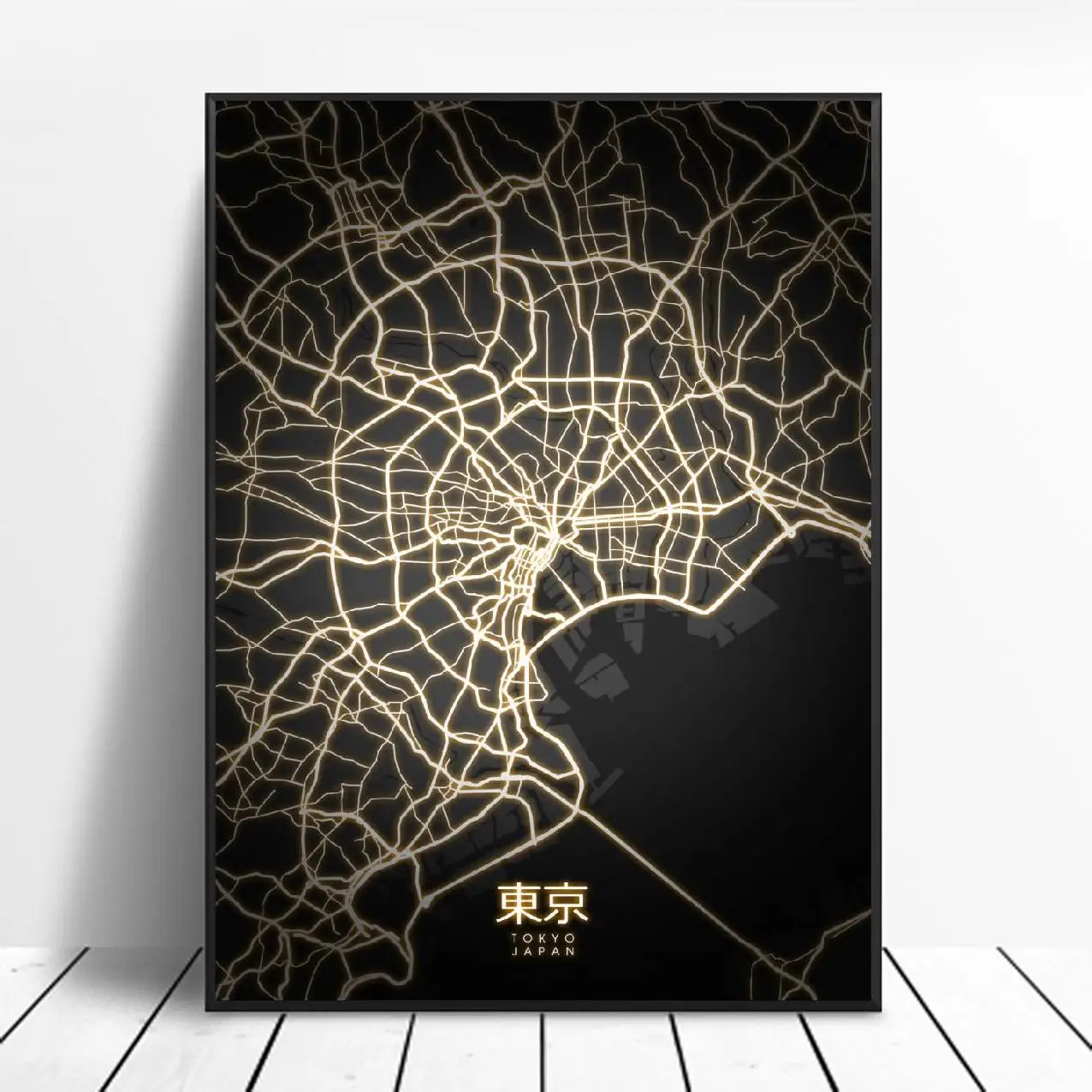 Осака сапоро Sendai Токио Йокогама Япония черный и золотой Холст Настенная карта