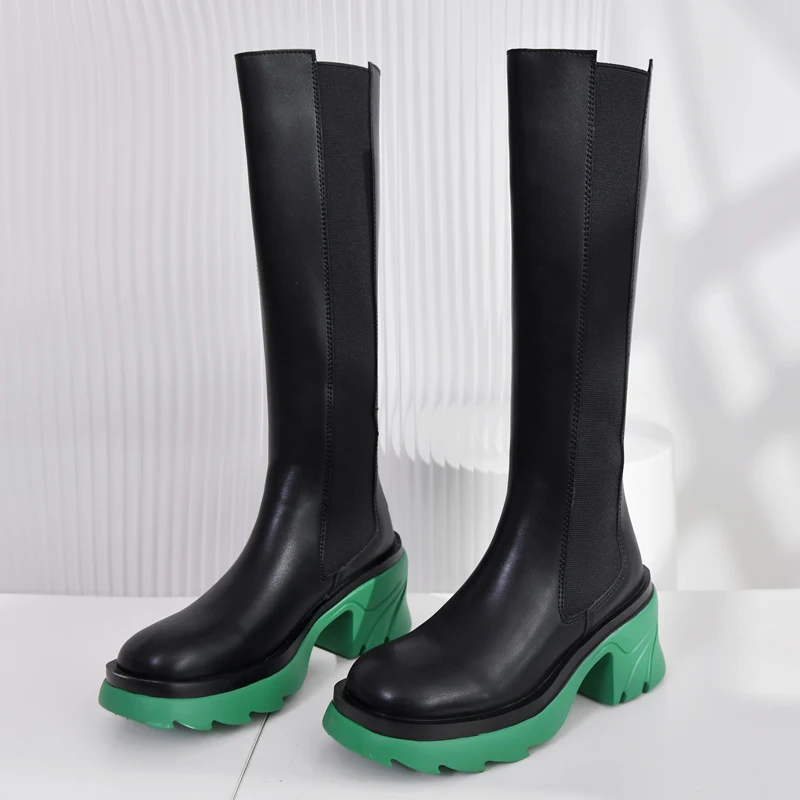New Women's Mid-Calf High Boots Square 8cm High Heel Round Toe Thick Platform Zip Shoes Solid Casual Leisure Footwear