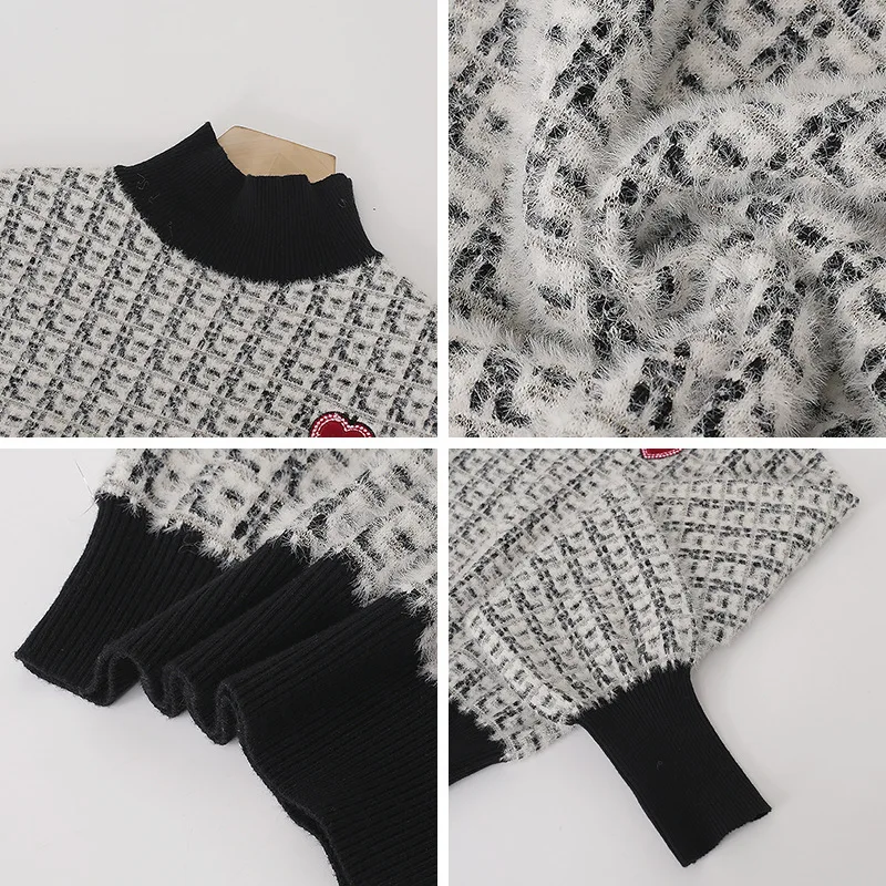 

Autumn Winter LuxuryElegant Women's Sweater Skirt Two Peice Sets Turtleneck Plaid Office Lady Top Pullover+Skirt Suit Outfits