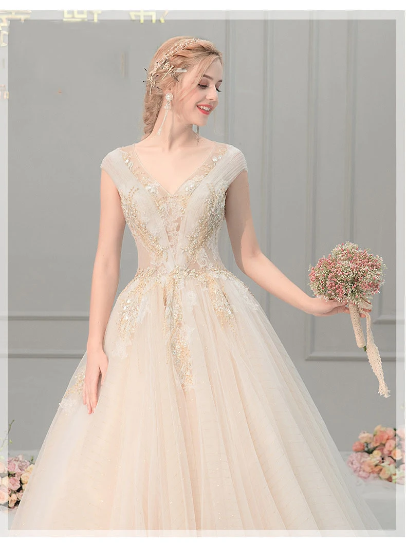 Роскошное Свадебное платье с глубоким v образным вырезом бисером со шлейфом