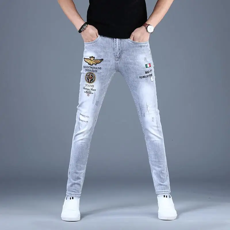 

Korea Version Men Ripped Blue Jeans, High Quality Slim Stretch Jeans,Light Luxury Embroidery Jeans, Scratches Sexy Street Jeans