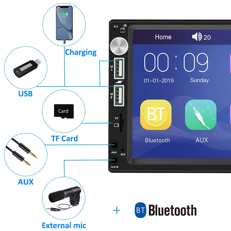7" Touch Screen Car Radio 2 Din Mirror Link Bluetooth MP5 Player External Mic Input Handsfree A2DP USB TF ISO Head Unit PHYEE X5