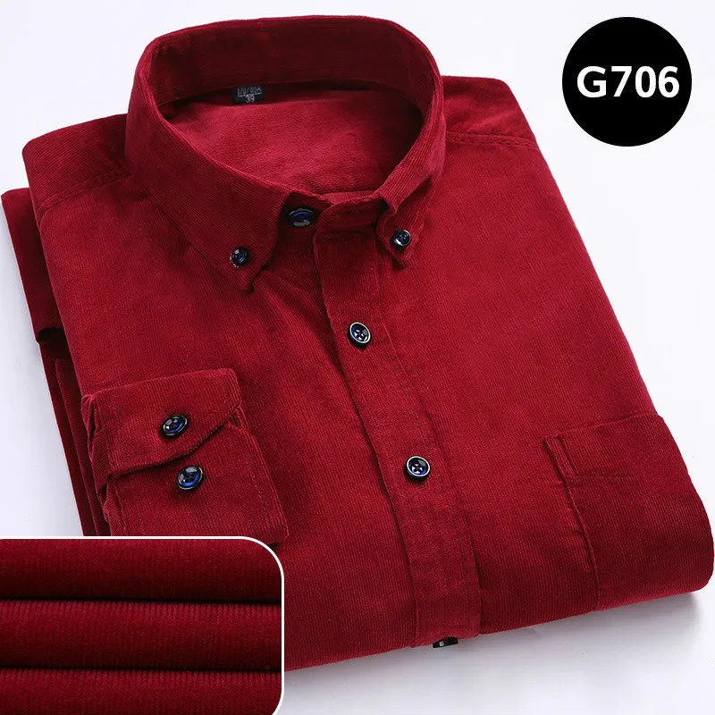 Long Sleeve Male Burgundy Thick Social Corduroy Shirt Men Thermal Shirt Casual Warm Plus Size Tops