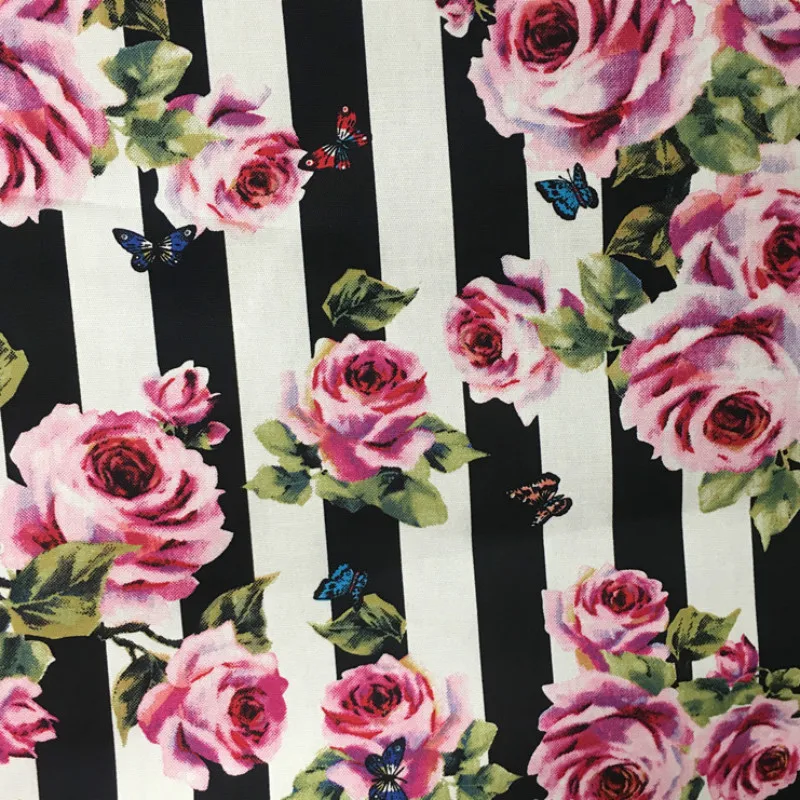 Soft Black and White Striped Rose Butterfly Printed Cotton Stretch Fabric for Dress Shirts by the Meter | Дом и сад
