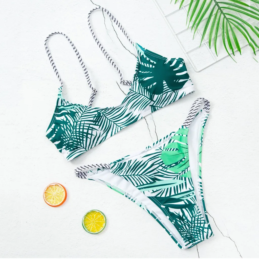 Купальный костюм женский с принтом листьев пикантное бикини чашками пуш ап