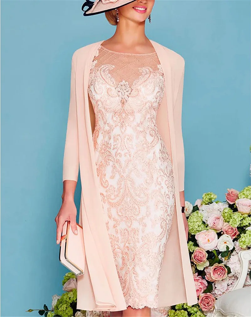 

Light Pink Women's Mother of The Groom Dresses Tea Length Lace Mother of the Bride Dresses with Jacket Formal Evening Gowns Plus