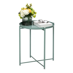 Side Coffee Table Round Metal Countertop And Cross Base Wrought Iron Living Room Patio Green[US-Stock]