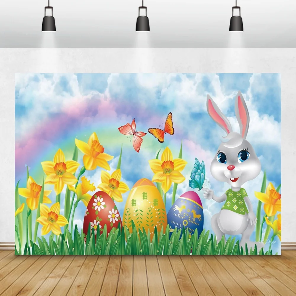 

Фон для фотосъемки с изображением пасхальных кроличьих яиц, зеленых газонов, цветов, бабочек, украшения для вечерние, реквизит для семейной ...