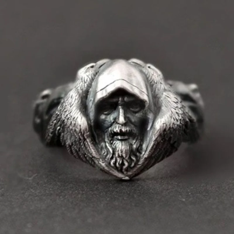 

Mysterious Scandinavian Mythology Odin Great God Viking Warrior Arctic Wolf Rings Gothic Metal Thai Silver Black-plate Ring Men