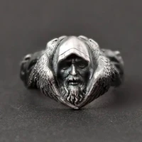 mysterious scandinavian mythology odin great god viking warrior arctic wolf rings gothic metal thai silver black plate ring men