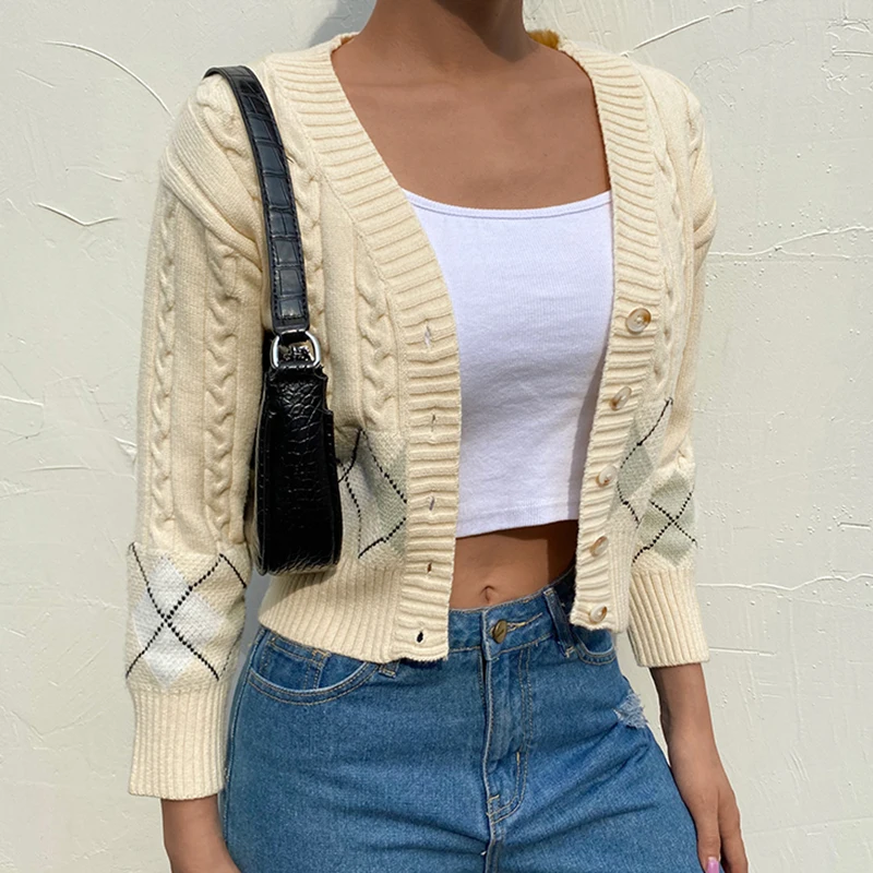 

Cardigan Knitted Women Casual Long-sleeved Cardigan Fashion Fall Geometric Patterns V-Neck Single-breasted Short Style Sweater