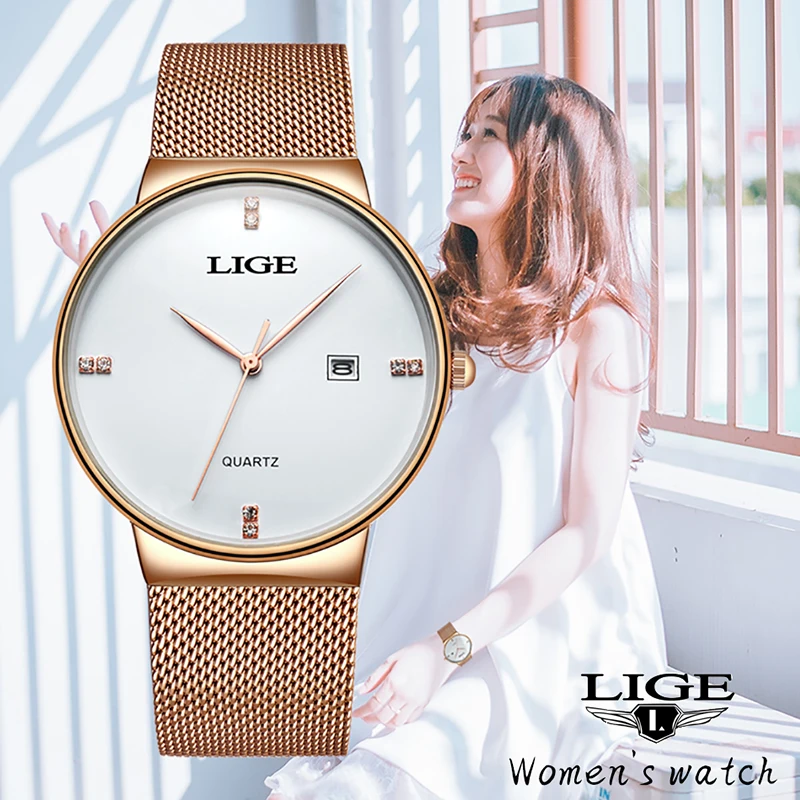 Reloj Mujer 2020 LIGE женские часы модные ультратонкие под платье с сетчатым ремешком